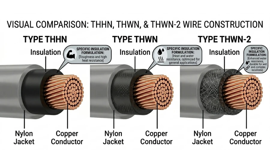 Direkter Vergleich von THHN-, THWN- und THWN-2-Installationsleitungen hinsichtlich Isolierung und Mantelkonstruktion