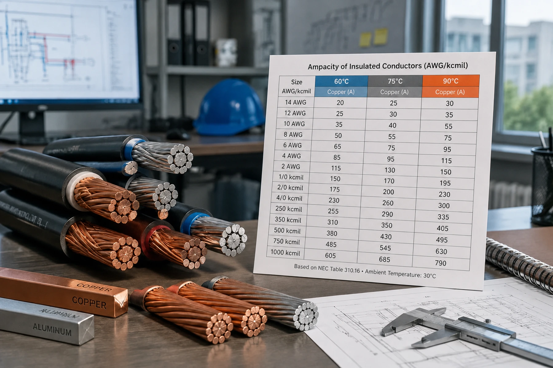Conducteurs en cuivre et en aluminium avec tableau d'ampérage admissible AWG pour le dimensionnement des câbles NEC 310.16