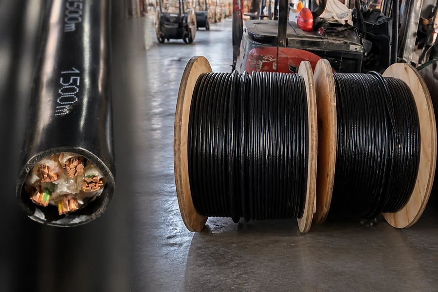 ANPU customized black cable reels ready for shipment to France with close-up cable cross-section detail
